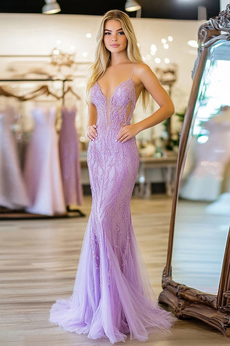 Lilac Spaghetti Straps Sheath Lace Appliqued Long Prom Dress