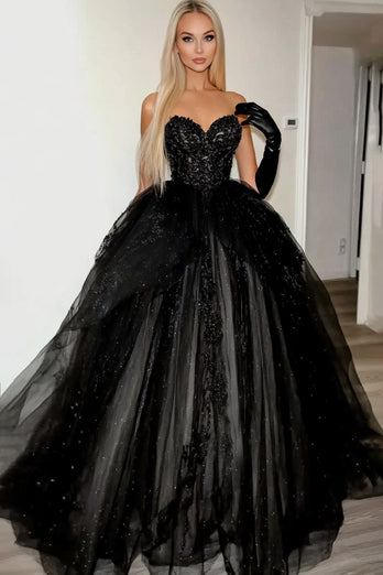 Sparkly Black Sweetheart Princess Tulle Long Prom Dress with Appliques