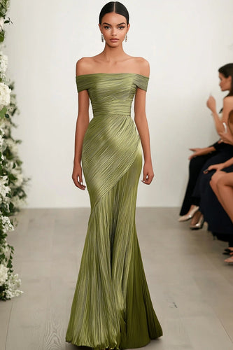 Metallic Satin Green Off The Shoulder Sheath Prom Dress