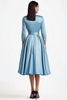 Load image into Gallery viewer, Blue A Line Flared Front Button Closures Mid Length Formal Dress with Long Sleeves