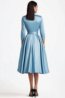 Blue A Line Flared Front Button Closures Mid Length Formal Dress with Long Sleeves