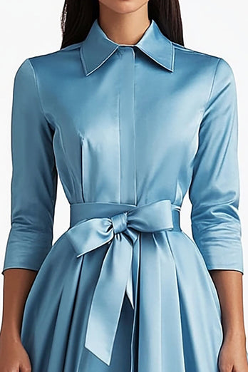 Blue A Line Flared Front Button Closures Mid Length Formal Dress with Long Sleeves