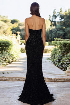 Strapless A Line Black Sequined Prom Dress With Slit