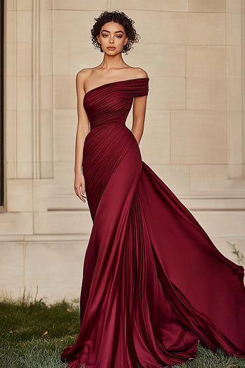 Burgundy Sheath One Shoulder Ruched Satin Prom Dress