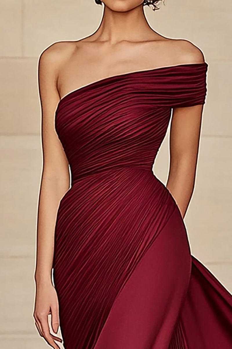 Load image into Gallery viewer, Burgundy Sheath One Shoulder Ruched Satin Prom Dress