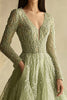 Load image into Gallery viewer, Dusty Sage A Line Long Sleeve V-Neck Tulle Prom Dress