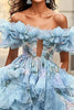 Load image into Gallery viewer, Floral Blue Off the Shoulder A Line Ruffled Prom Dress