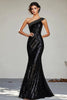 Load image into Gallery viewer, Black Sequined One Shoulder Sheath Long Prom Dress