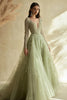 Load image into Gallery viewer, Dusty Sage Lace Applique Tulle V Neck Prom Dress with Long Sleeves