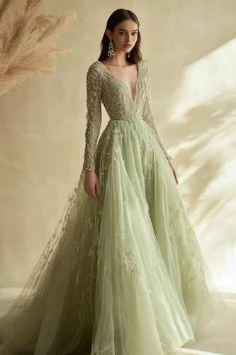 Dusty Sage Lace Applique Tulle V Neck Prom Dress with Long Sleeves