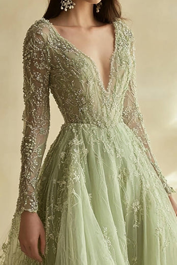 Dusty Sage Lace Applique Tulle V Neck Prom Dress with Long Sleeves