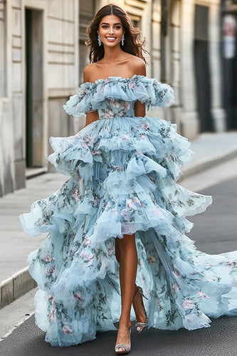 Blue Floral Ruffled Organza Off the Shoulder Asymmetrical Prom Dress