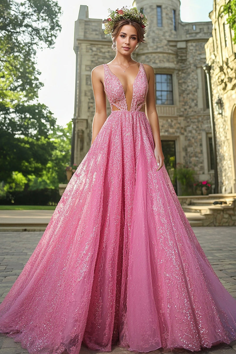 Load image into Gallery viewer, Fuchsia V Neck A Line Lace Applique Prom Dress