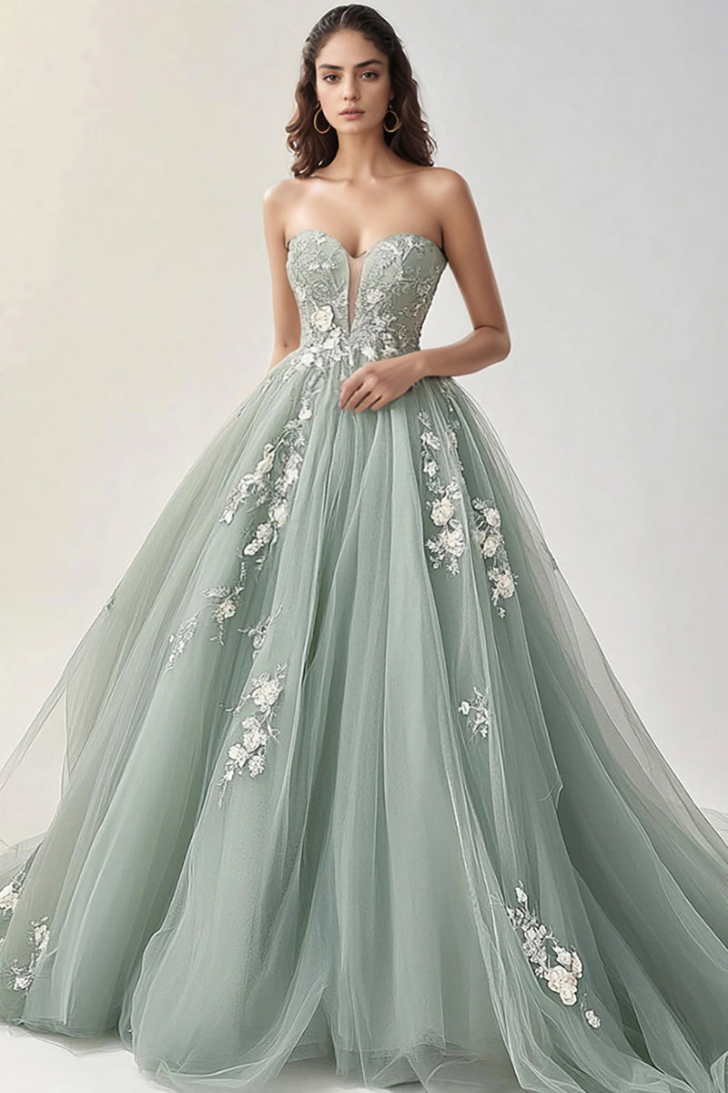 Load image into Gallery viewer, Grey Green Tulle Sweetheart A Line Prom Dress with Appliques