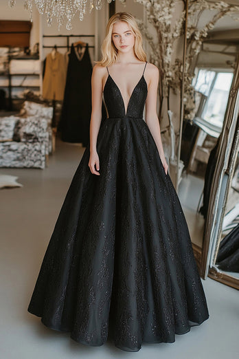 Lace A Line Black V Neck Prom Dress