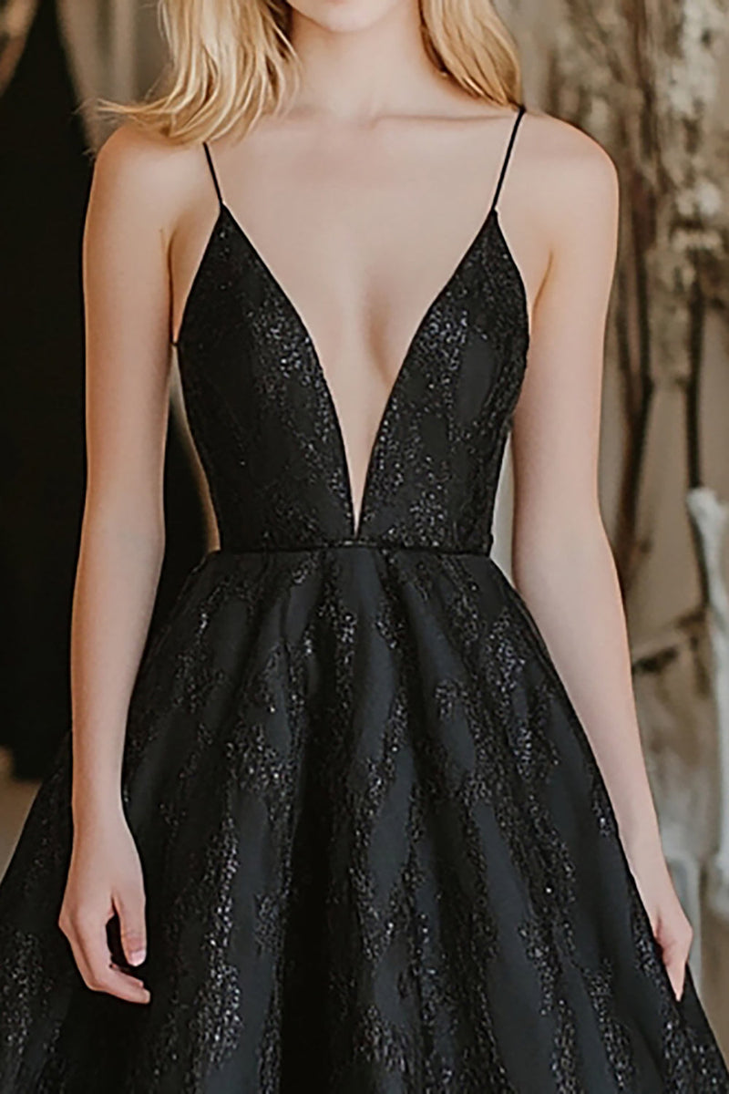 Load image into Gallery viewer, Lace A Line Black V Neck Prom Dress