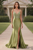 Load image into Gallery viewer, Satin Sage V Neck Sheath Lace Applique Prom Dress with Slit