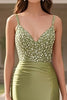 Load image into Gallery viewer, Satin Sage V Neck Sheath Lace Applique Prom Dress with Slit