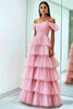 Load image into Gallery viewer, Pleated Tulle A Line Off the Shoulder Pink Prom Dress