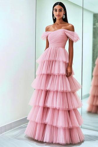 Pleated Tulle A Line Off the Shoulder Pink Prom Dress