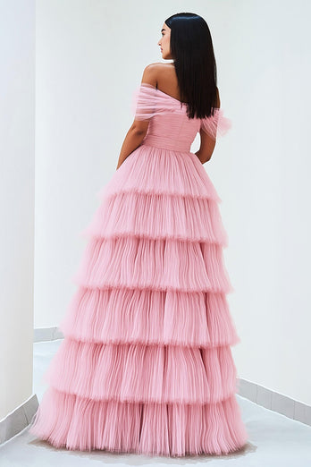 Pleated Tulle A Line Off the Shoulder Pink Prom Dress