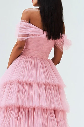 Pleated Tulle A Line Off the Shoulder Pink Prom Dress