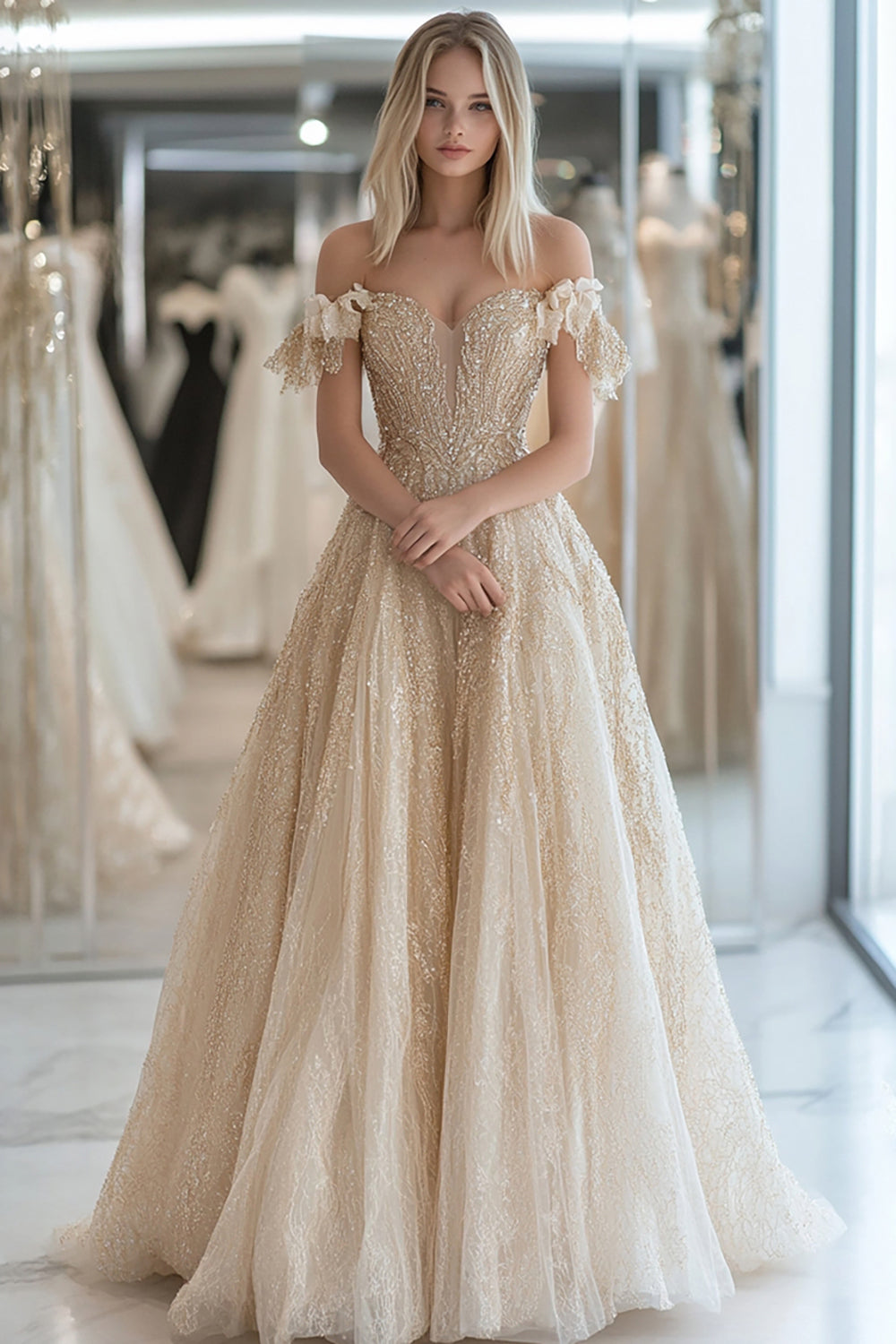 Sparkly Champagne Tulle Sweetheart Off the Shoulder Prom Dress