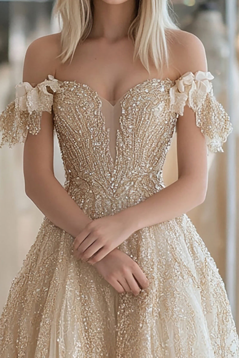 Load image into Gallery viewer, Sparkly Champagne Tulle Sweetheart Off the Shoulder Prom Dress