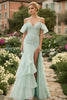 Load image into Gallery viewer, Mint Chiffon Cold Shoulder Appliques Ruffle Prom Dress with Slit