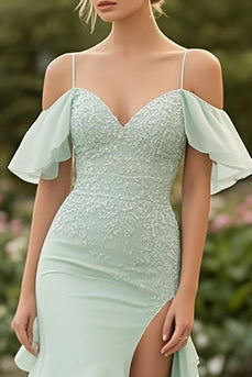 Mint Chiffon Cold Shoulder Appliques Ruffle Prom Dress with Slit