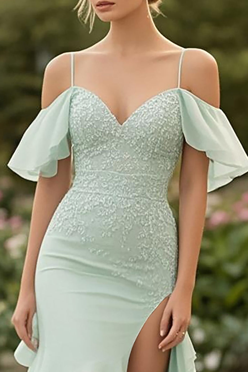 Load image into Gallery viewer, Mint Chiffon Cold Shoulder Appliques Ruffle Prom Dress with Slit