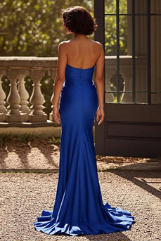 Royal Blue Satin V Neck Pleated Sheath Prom Dress with Slit