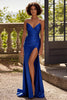 Load image into Gallery viewer, Royal Blue Satin V Neck Pleated Sheath Prom Dress with Slit