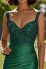 Load image into Gallery viewer, Spaghetti Straps Dark Green Sheath Satin Beaded Prom Dress with Slit