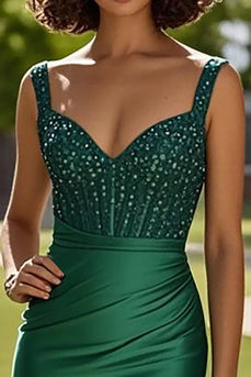 Spaghetti Straps Dark Green Sheath Satin Beaded Prom Dress with Slit