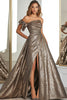 Load image into Gallery viewer, Gold Glitter Fabric A Line One Shoulder Pleated Prom Dress with Slit