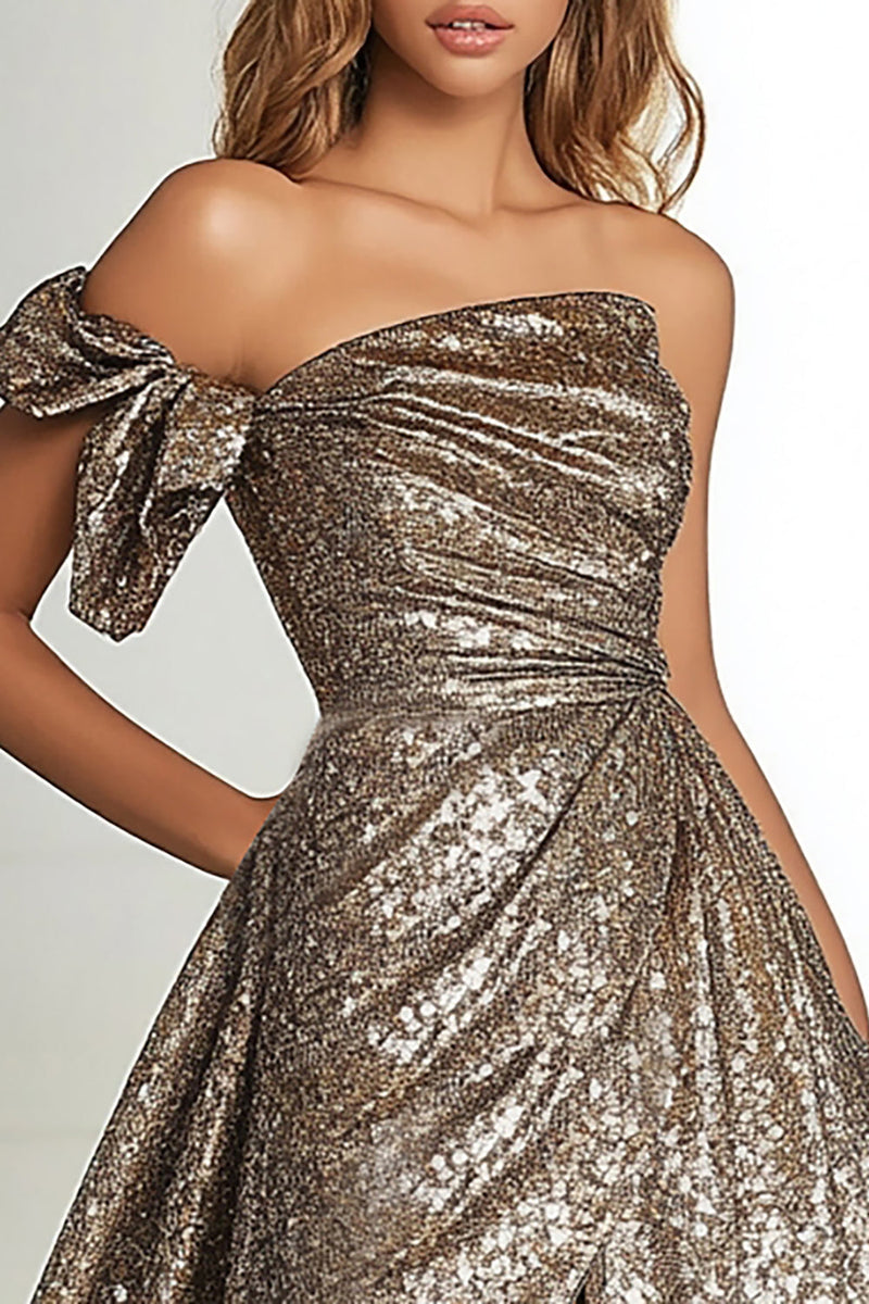 Load image into Gallery viewer, Gold Glitter Fabric A Line One Shoulder Pleated Prom Dress with Slit