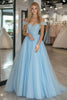 Load image into Gallery viewer, Lace Tulle A Line Sky Blue Off the Shoulder Prom Dress