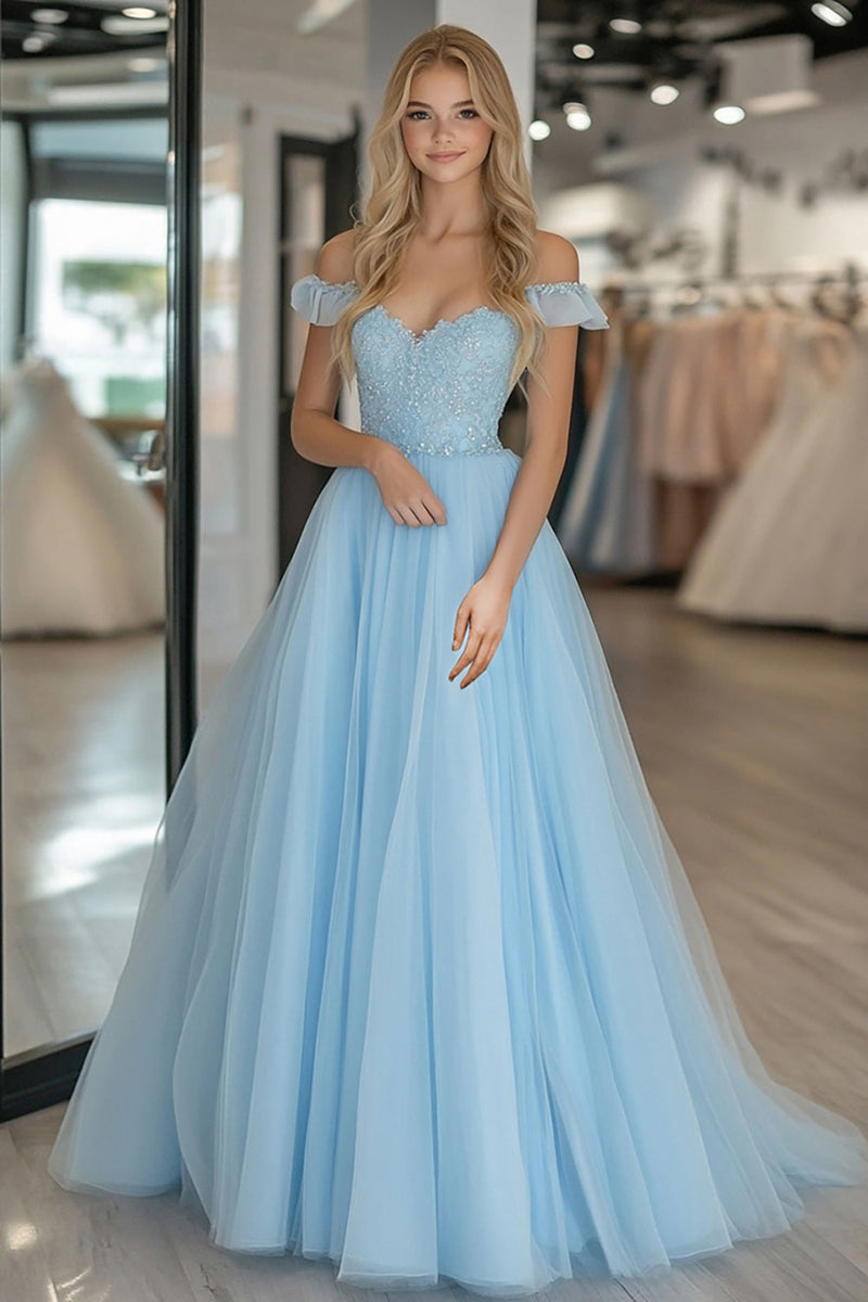 Load image into Gallery viewer, Lace Tulle A Line Sky Blue Off the Shoulder Prom Dress