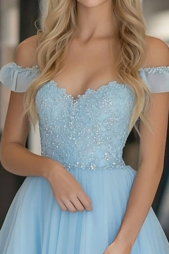 Lace Tulle A Line Sky Blue Off the Shoulder Prom Dress