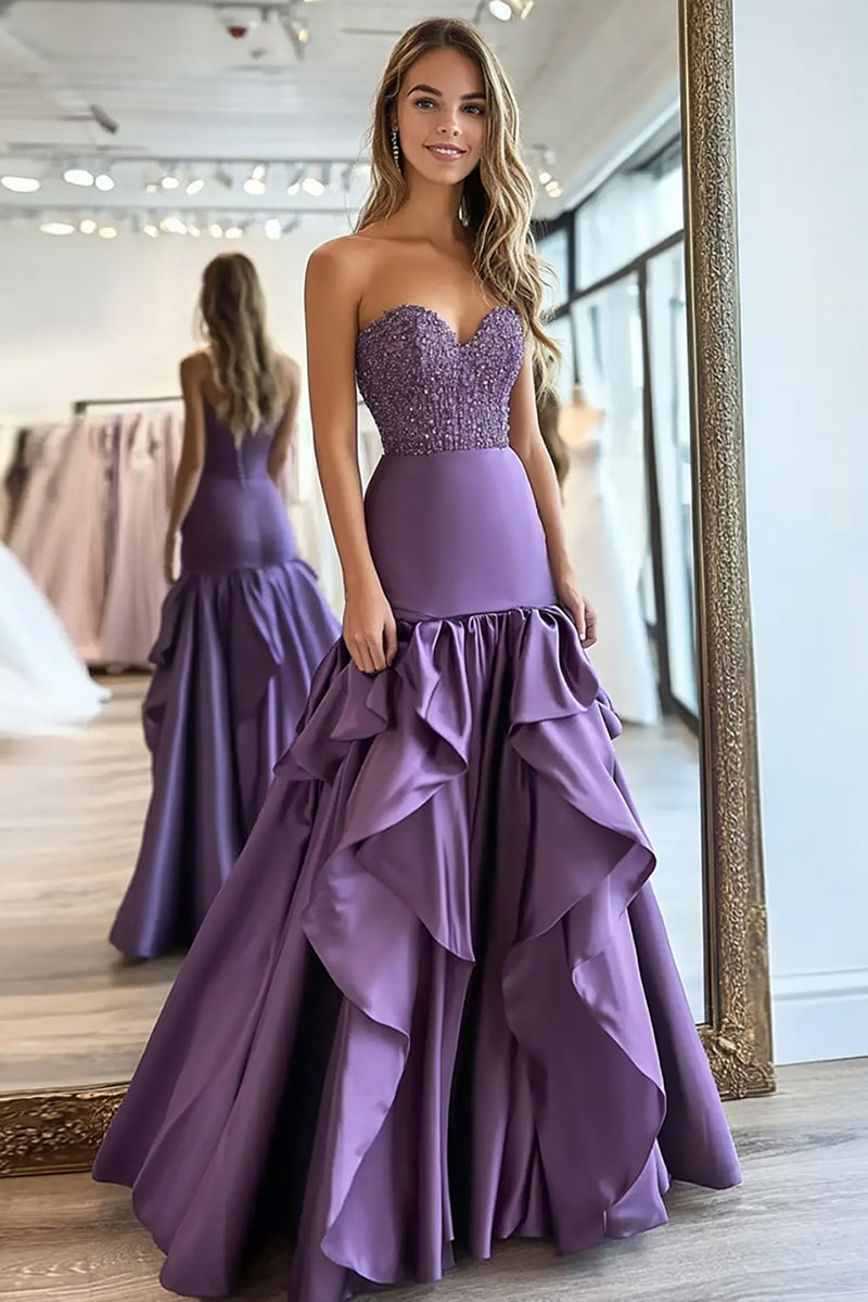 Load image into Gallery viewer, Plum Satin Ruffles A Line Sweetheart Prom Dress with Beading