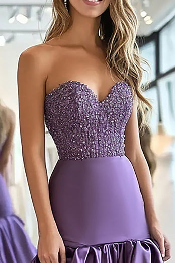 Plum Satin Ruffles A Line Sweetheart Prom Dress with Beading