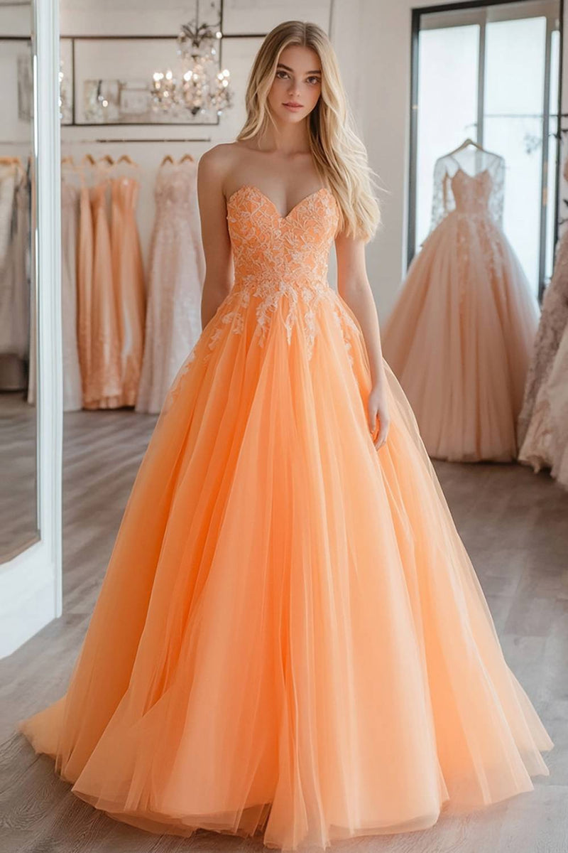 Load image into Gallery viewer, Orange Lace Tulle A Line Sweetheart Prom Dress