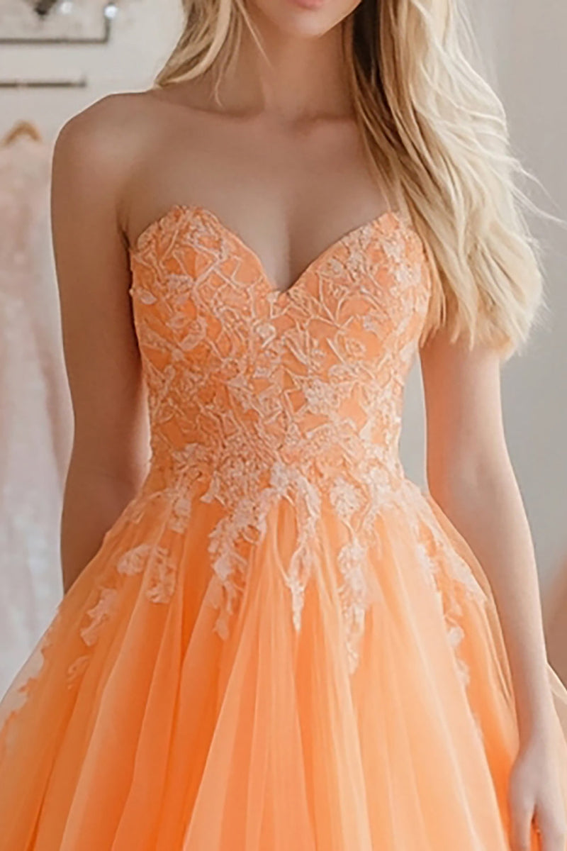 Load image into Gallery viewer, Orange Lace Tulle A Line Sweetheart Prom Dress