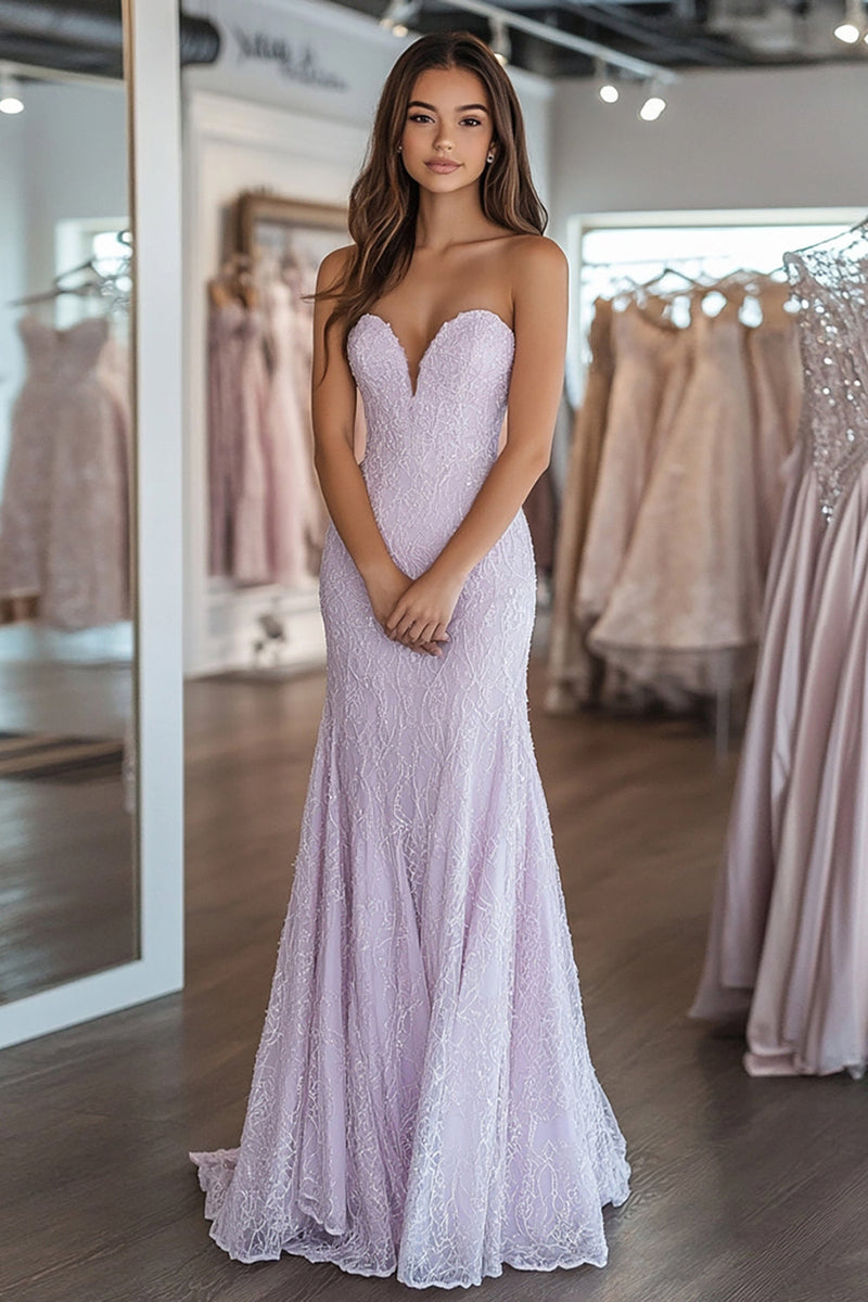 Load image into Gallery viewer, Strapless Lilac Lace Appliques Sheath Prom Dress