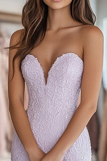 Strapless Lilac Lace Appliques Sheath Prom Dress