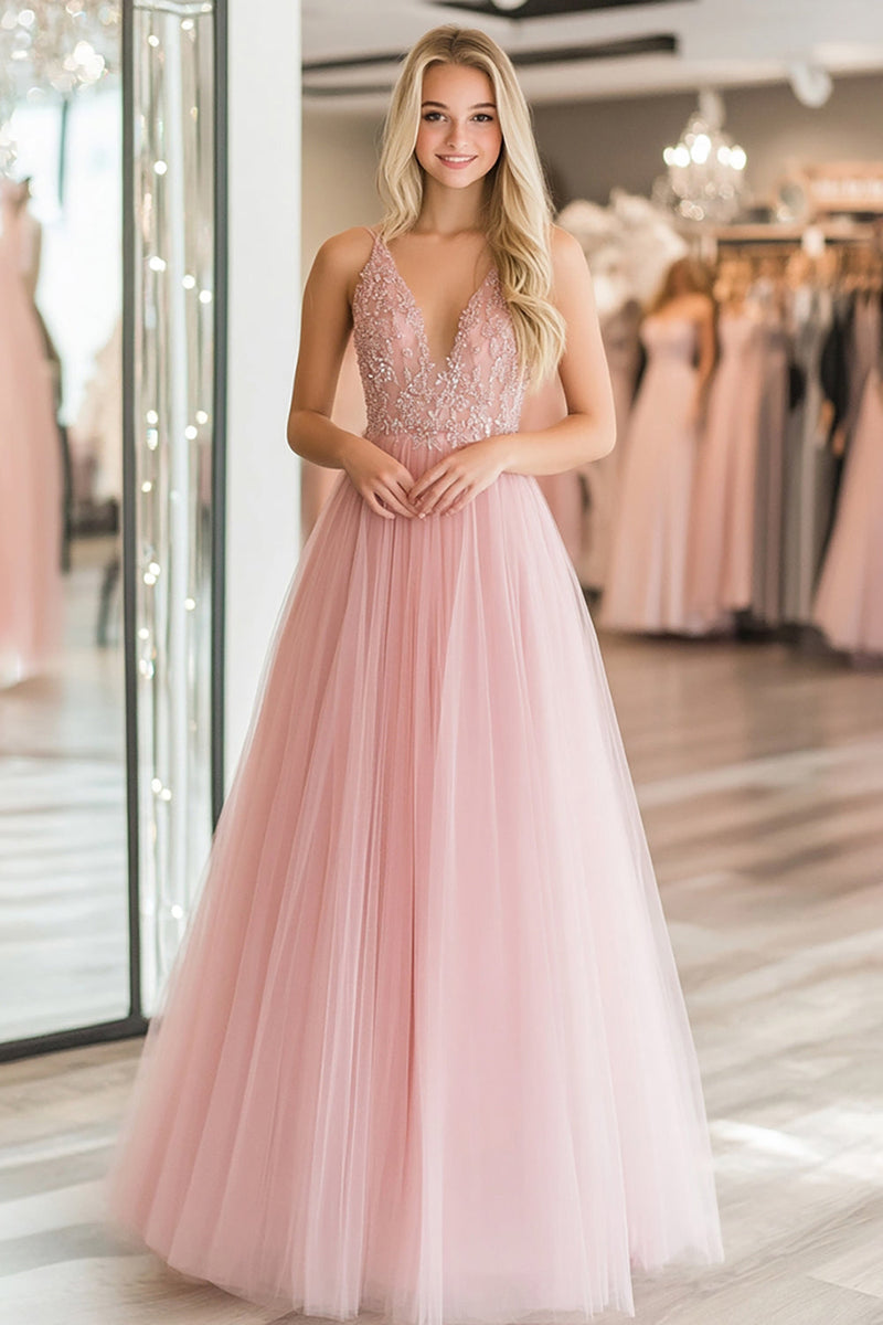 Load image into Gallery viewer, A Line Lace Appliques Tulle Pink Deep V Neck Prom Dress