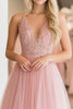 Load image into Gallery viewer, A Line Lace Appliques Tulle Pink Deep V Neck Prom Dress