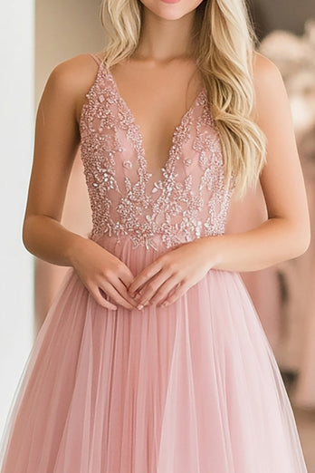 A Line Lace Appliques Tulle Pink Deep V Neck Prom Dress