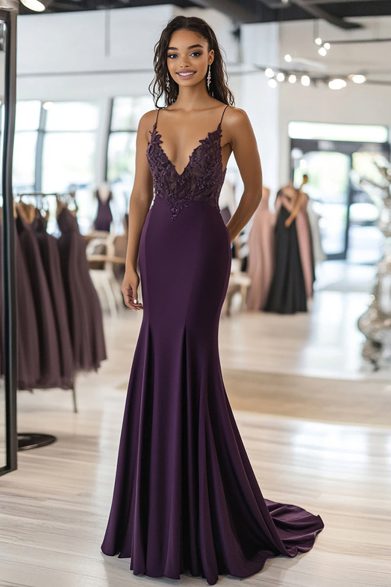 Load image into Gallery viewer, Lace Satin Dark Purple Sheath Deep V Neck Prom Dress